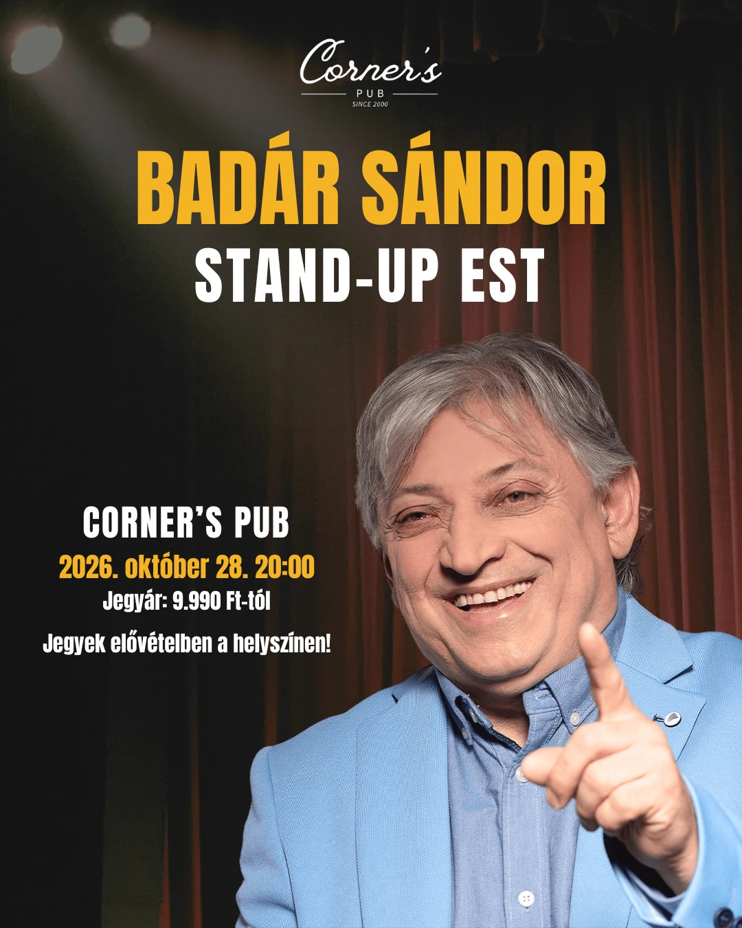 Badár Sándor stand-up est – Corner's Pub, 2026. október 28.